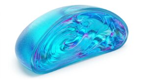 3D medical illustration of a breast implant structure showing viscoelastic properties on a white background.