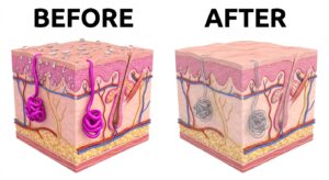 Comparison diagram showing active sweat glands versus treated inactive glands