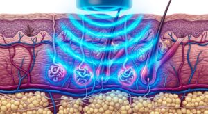 3D illustration of microwave thermal energy targeting sweat glands in the skin layers