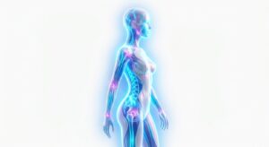 3D medical illustration of a feminine silhouette with glowing blue highlights representing aesthetic balance.