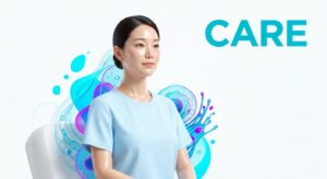 Serene East Asian female model with healthy translucent skin representing post-operative recovery and care.